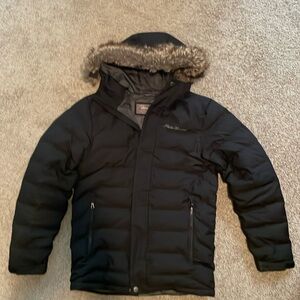 Men’s Eddie Bauer black parka; down filled jacket with faux fur hood.